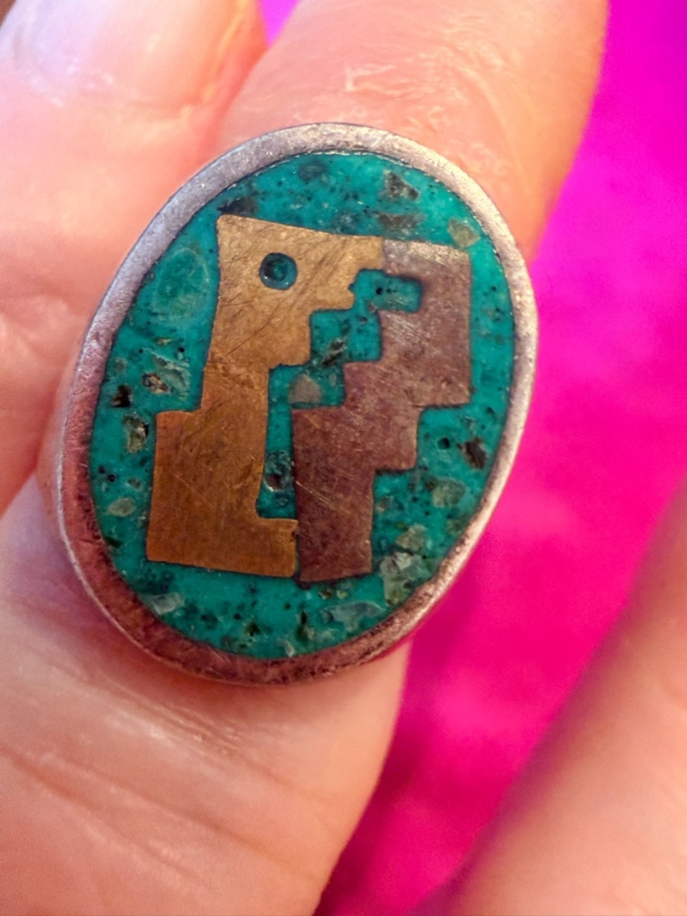 Vintage Turquoise Inlay Oval Statement .925 Ring Geometric Brass & Copper Accent